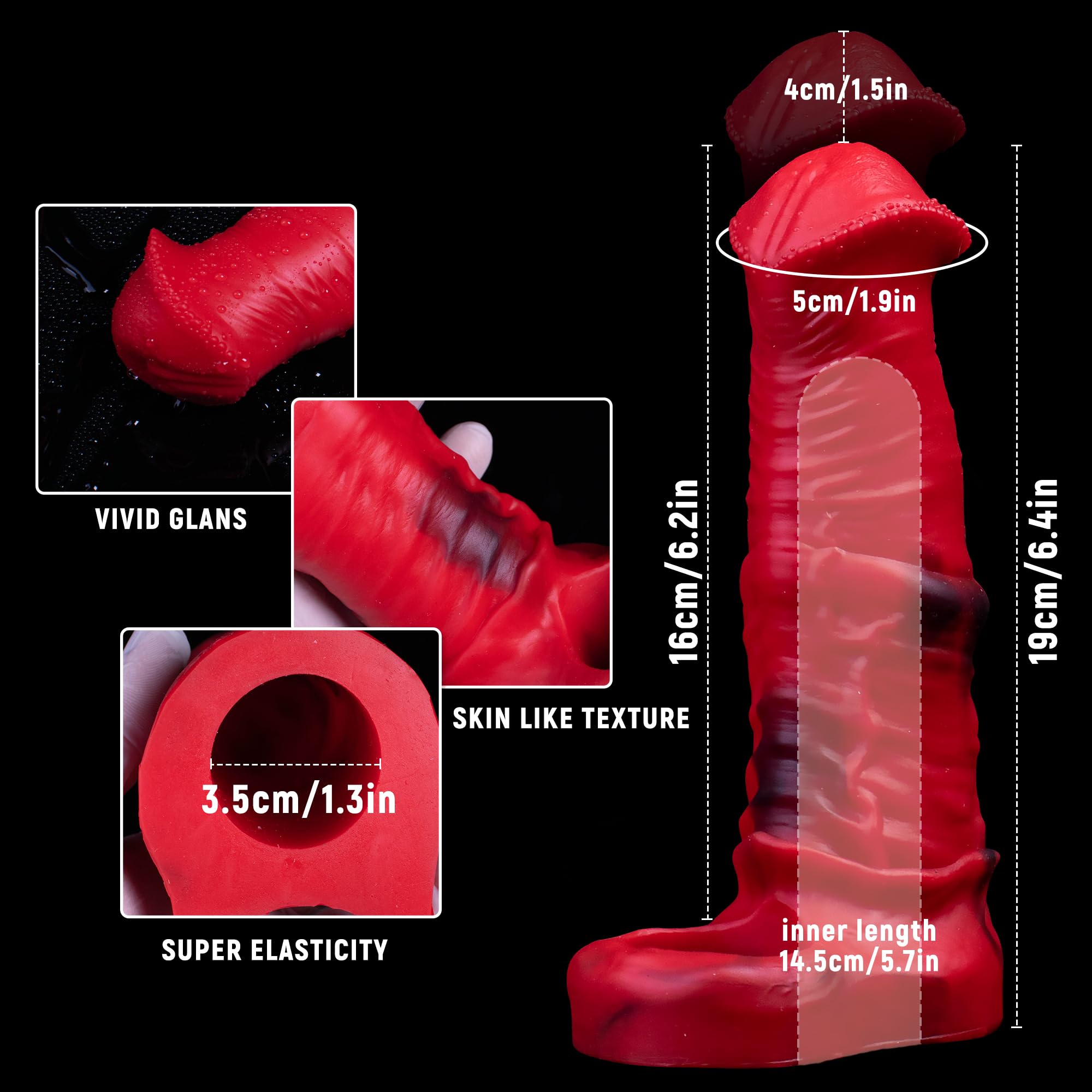 Guaina di estensione in silicone a forma di cavallo per pene maschile con fibbia estensibile per aumentare la lunghezza e la circonferenza (rosso)