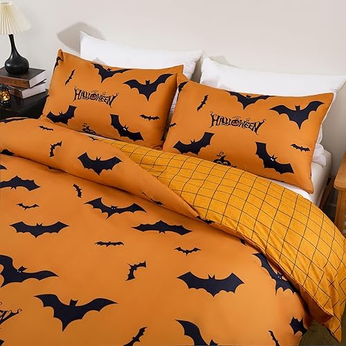 Miniatura 8 de Xruibed Juego de funda de edredón de Halloween, tamaño Queen, calabaza, murciélago, naranja, juego de funda de edredón de 3 piezas, funda de edredón