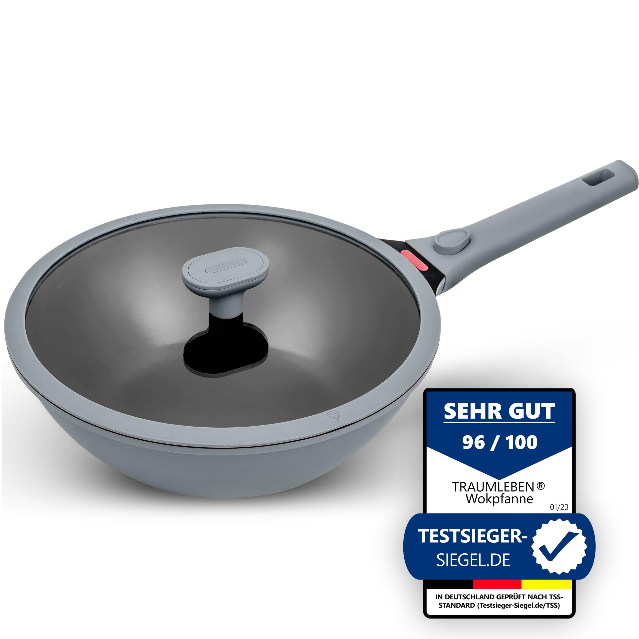 TRAUMLEBEN Wokpfanne 28 cm mit Deckel & abnehmbarem Griff (Grau) | Antihaftbeschichtung, PFOA-frei, für Induktion geeignet, backofenfest, hoher Rand