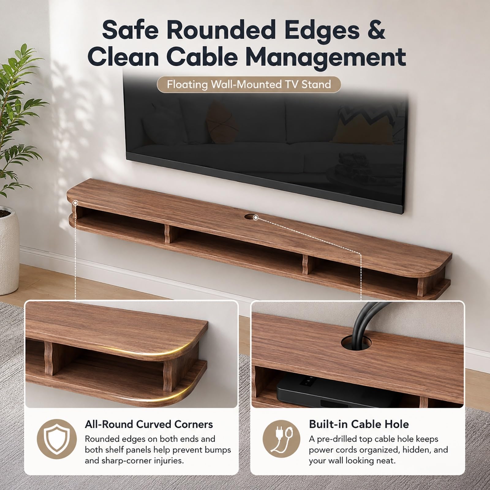 Mobile TV Sospeso in Legno con Cassetti | Mobile Porta TV da Parete per Soggiorno, Tavolino TV con Gestione Cavi(Brown,60cm/24in)