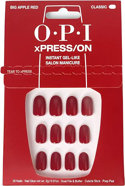 OPI Red Press On Nails with Cuticle Oil - 30 Pcs Reusable