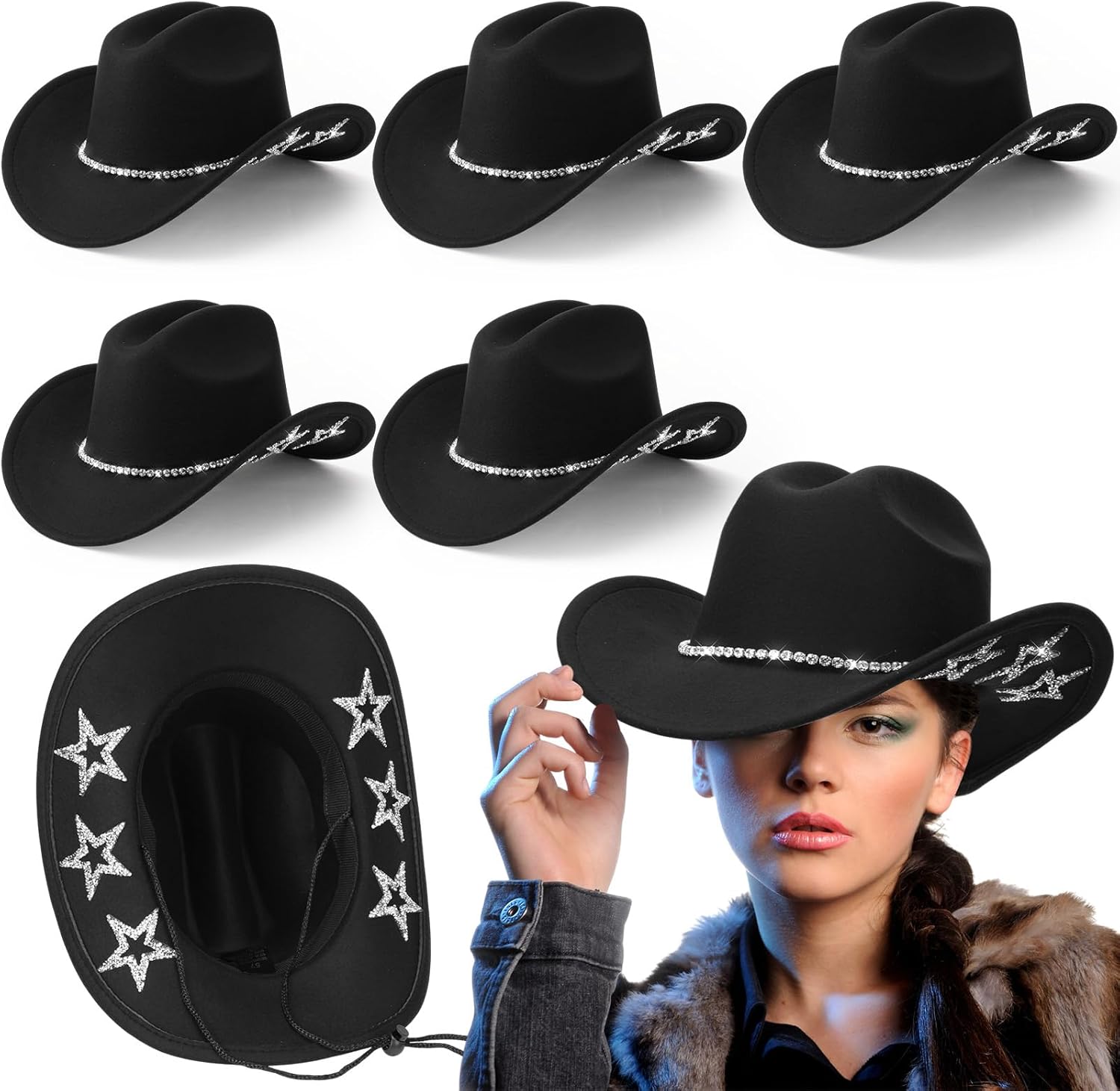 Hercicy 6 Pcs Sparkly Star Cowboy Hat Felt Black Western Hat with Adjustable Drawstring for Men and Women Cosplay Party