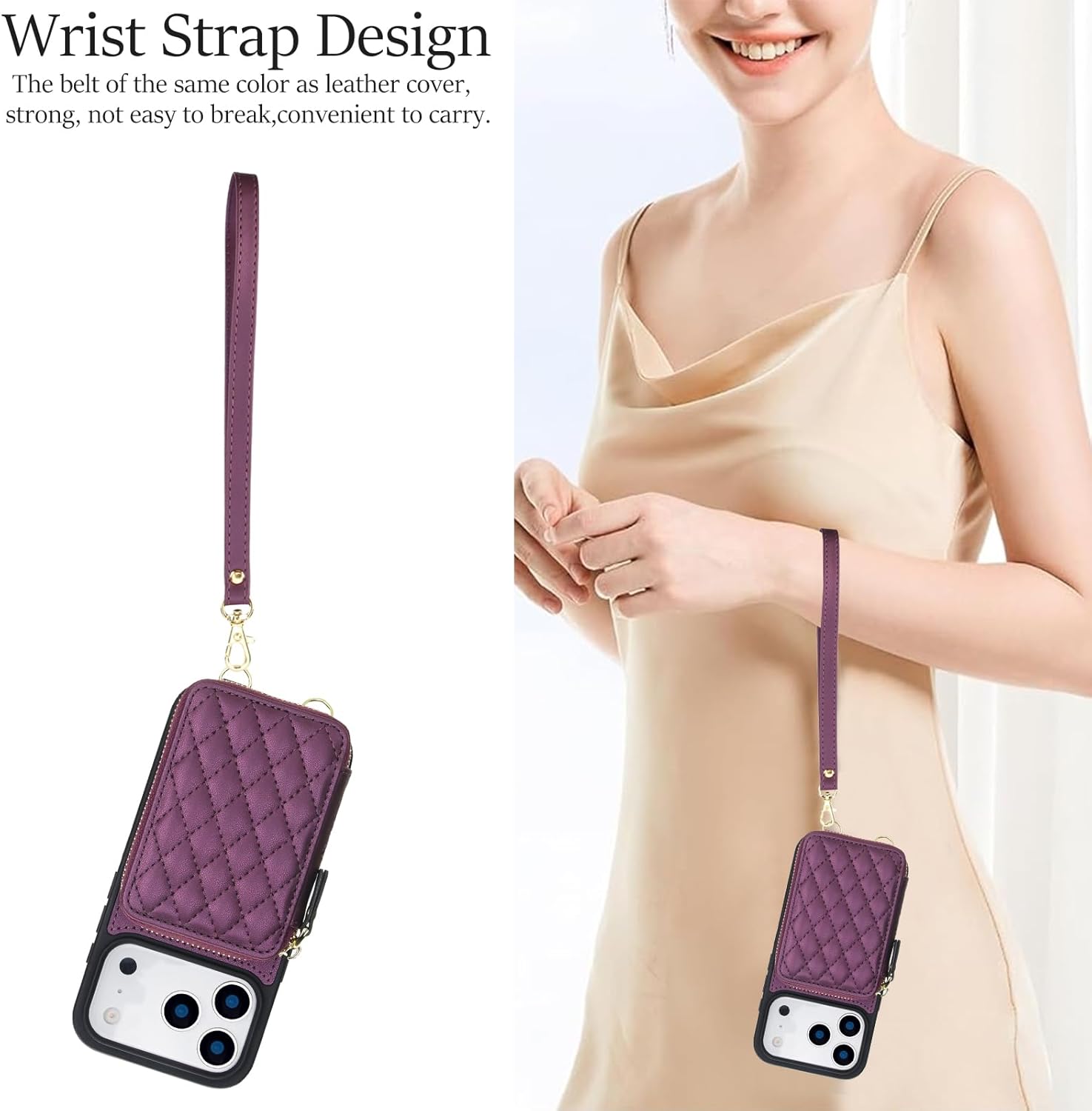 RFID Blocking Crossbody Zipper Wallet Leather Phone Case for iPhone 17 Pro Max Women (Dark Purple)