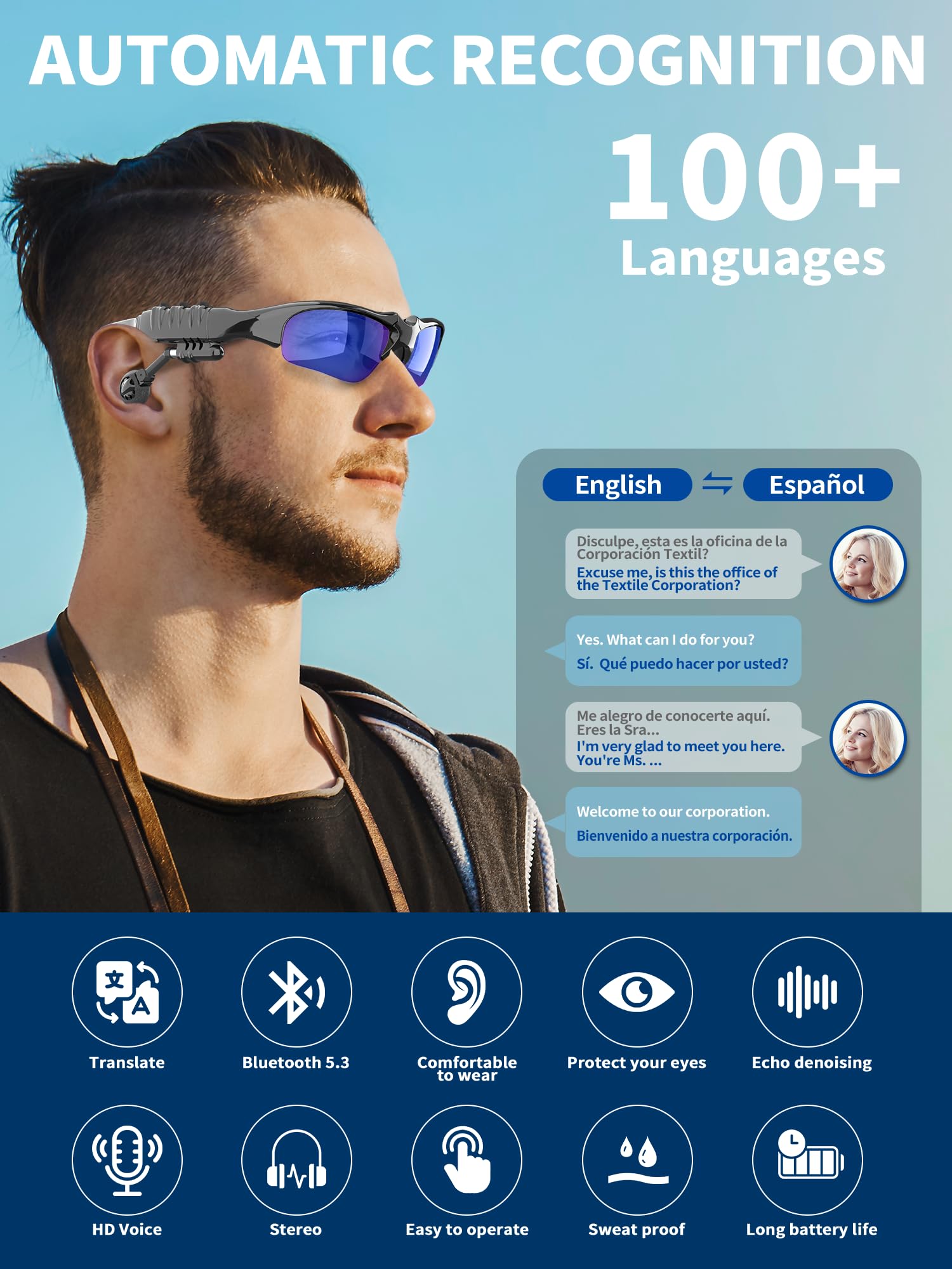 AI Smart Glasses with Language Translator for Men with Speakers Wireless Translation Bluetooth Headphones Bike Cycling Sunglasses for women that Play Music Lentes Inteligentes Riding Glasses