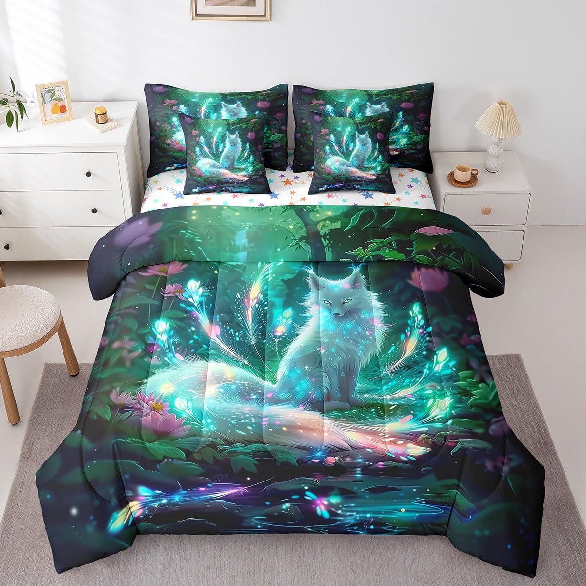 Parure de lit enfants motif renard mystique pour chambre jungle magique