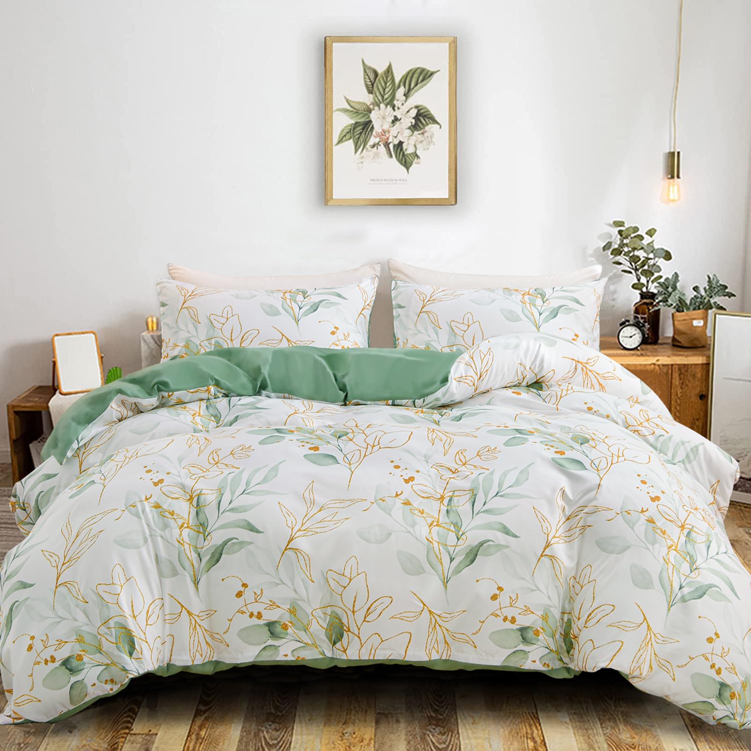 Freyamy - Funda nórdica de 240 x 260 + 2 fundas de almohada de 65 x 65 cm, color blanco, verde, marrón, hoja de planta impresa, juego de cama para 2 personas, adulto, juego de funda nórdica de