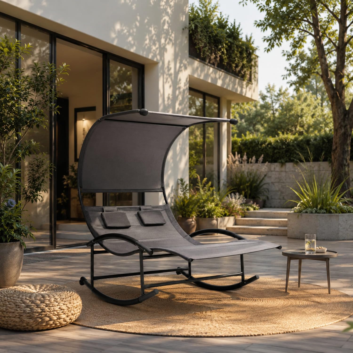 Lettino 2 Posti Dondolo Prendisole Con Parasole Integrato Design Ergonomico In Textilene Traspirante Struttura In Acciaio E Cuscini Ideale Per Giardino Piscina Outdoor 140x200x185 Cm Grigio