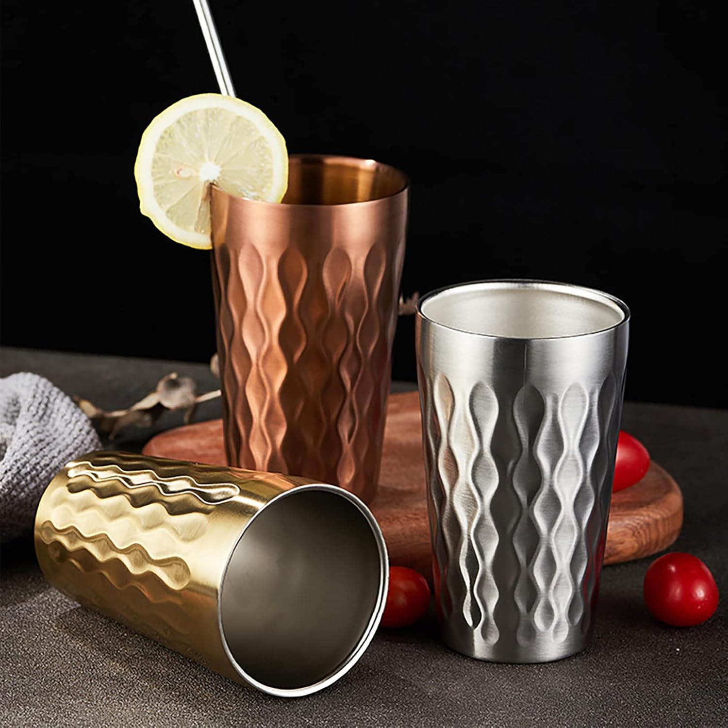 4 pcs Stainless Steel Copper Color Cups (15 oz / 12 oz / 10 oz / 6 oz), Water Ripples Cups, Thicken Iced Tea Mugs, Double Walled Beer Mugs, Metal Coffee Cups, for Indoor Outdoor