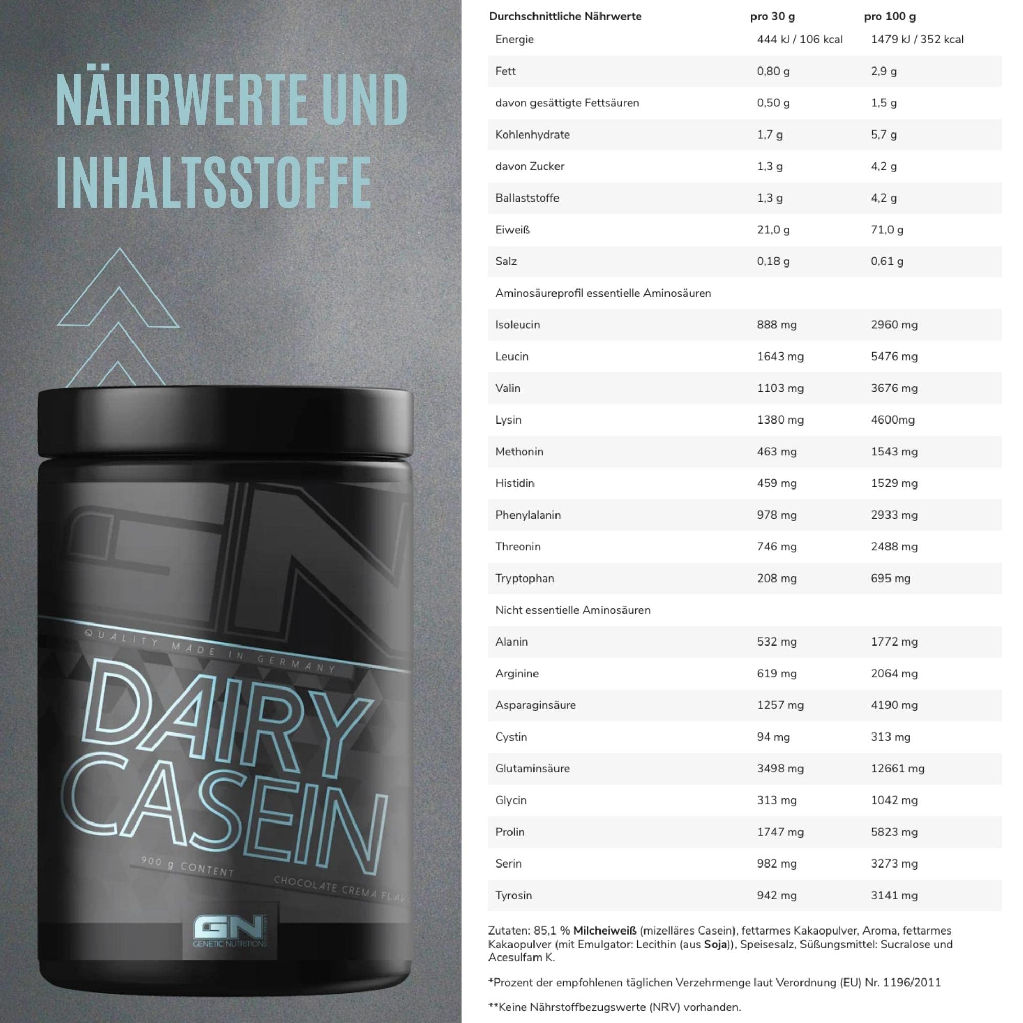 GN Laboratories 100% Dairy Casein 900g (Chocolate) – Casein Proteinpulver zum Muskelaufbau – Proteinpulver für Protein Shake – Casein – Casein Protein – Protein Pulver