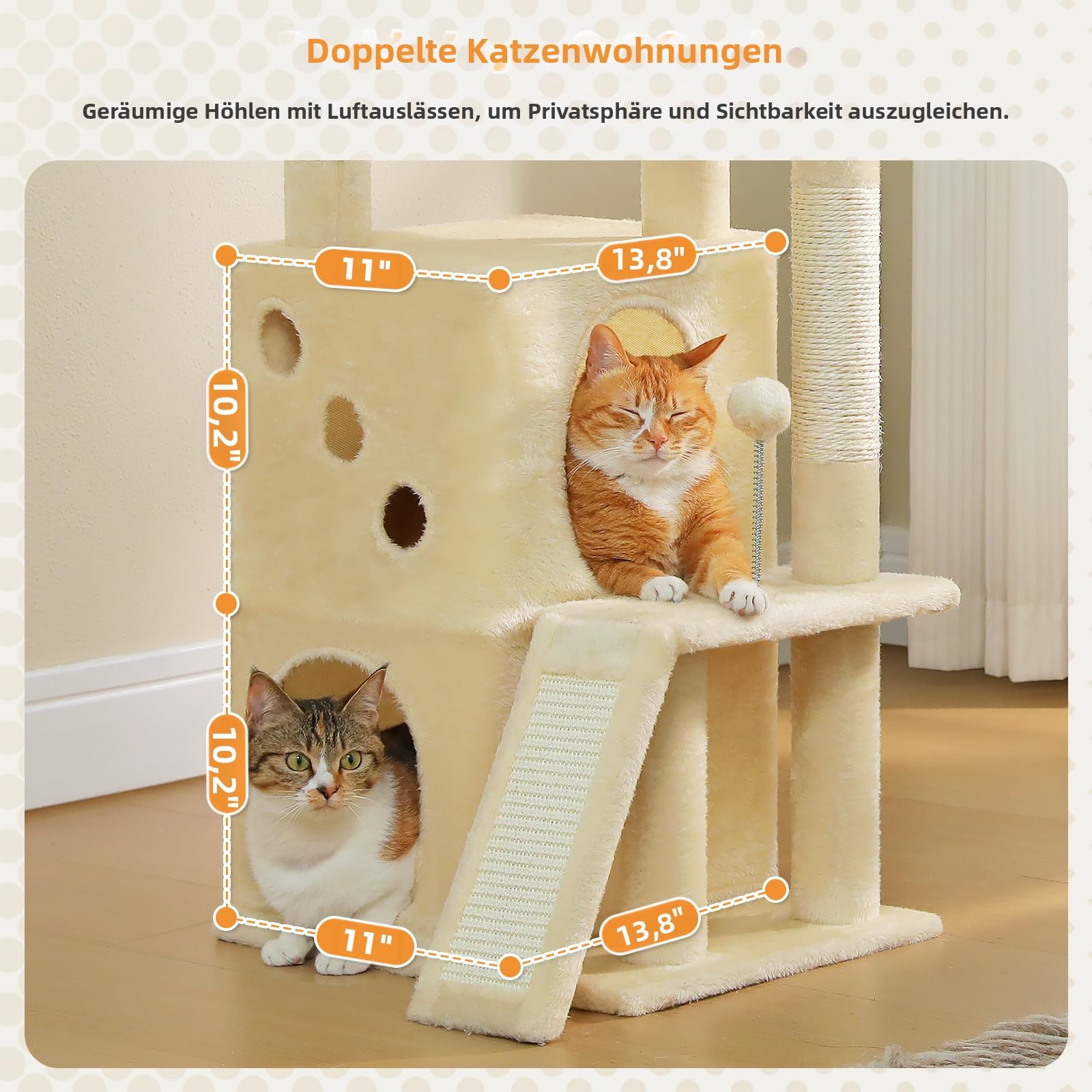 PETEPELA Tiragraffi per gatti da appartamento, 88 cm, con ampia superficie superiore, cuccia privata e colonna tiragraffi in sisal, tappetino tiragraffi per gatti da appartamento, beige