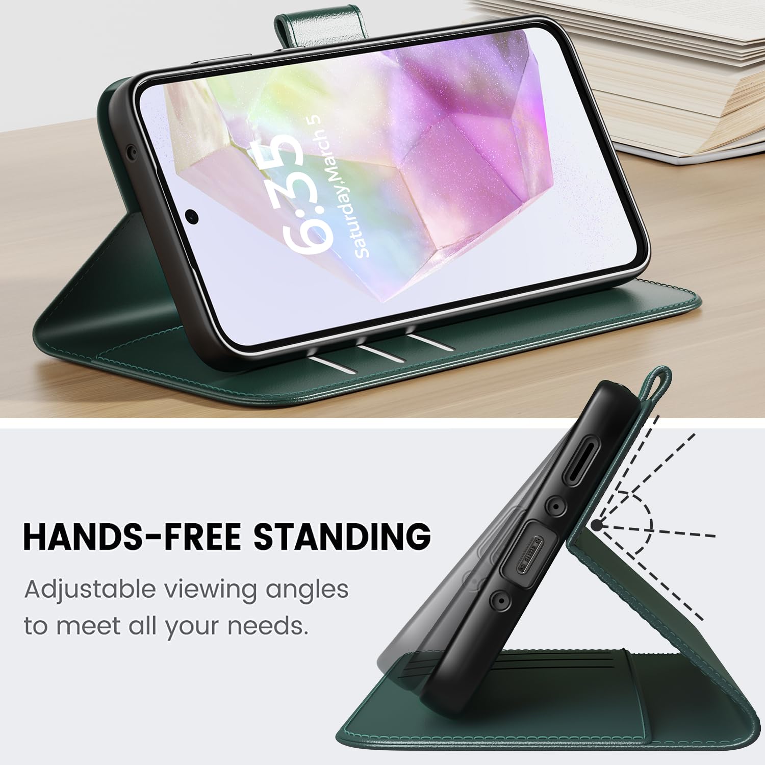 Peakally Cover per Samsung Galaxy A35 [Con 1 vetro protettivo] [Pelle PU di alta qualità] [Blocco RFID] [Slot per scheda] [Cavalletto] Custodia a libro con Galaxy A35 - (Verde scuro)