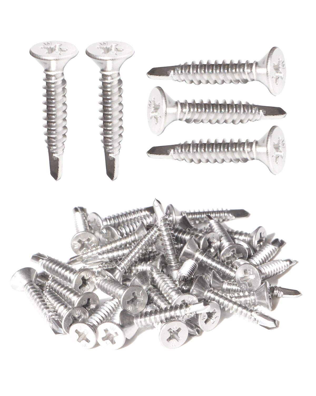 IMScrews 100pcs #14 x 1" Stainless Flat Head Phillips Self Drilling Screws, 410 Stainless Steel Full Thread Sheet Metal Tek Wood to Metal Screws