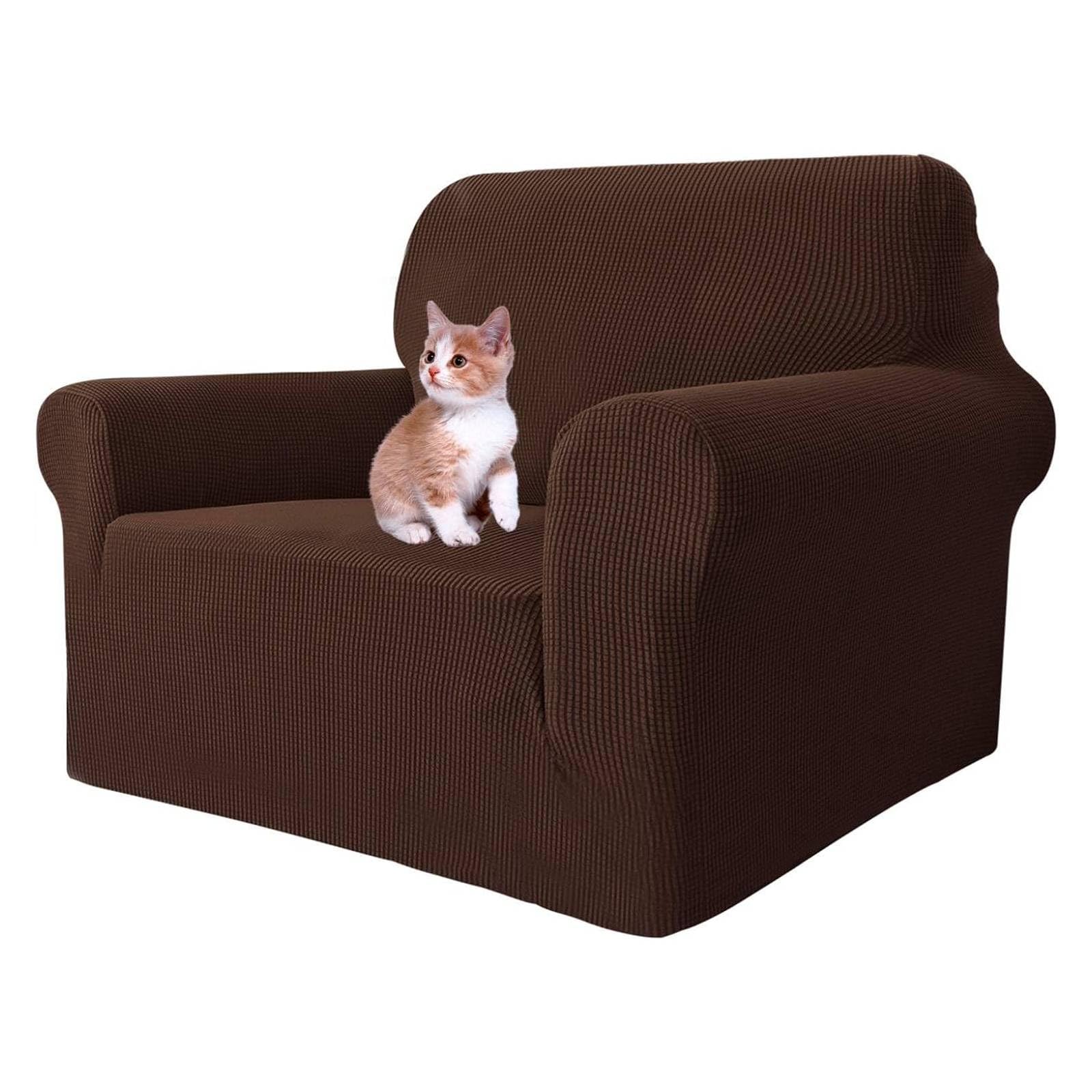 MAXIJIN Super Stretch Chair Covers for Living Room, 1-Piece Universal Chair Slipcover with Arms Jacquard Spandex Chair Protector Dogs Pet Friendly Sofa Couch Armchair Cover (1 Seater, Coffee)