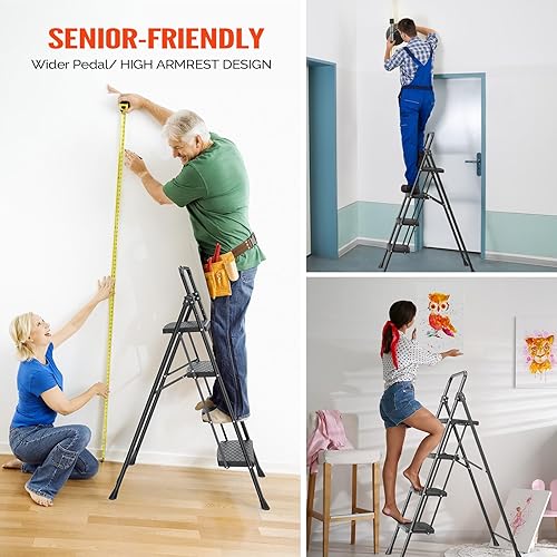 Miniatura 5 de LUISLADDERS Escalera de 4 escalones con barandillas, taburete plegable con pedal antideslizante ampliado, escalera ligera de 400 libras, plegable en