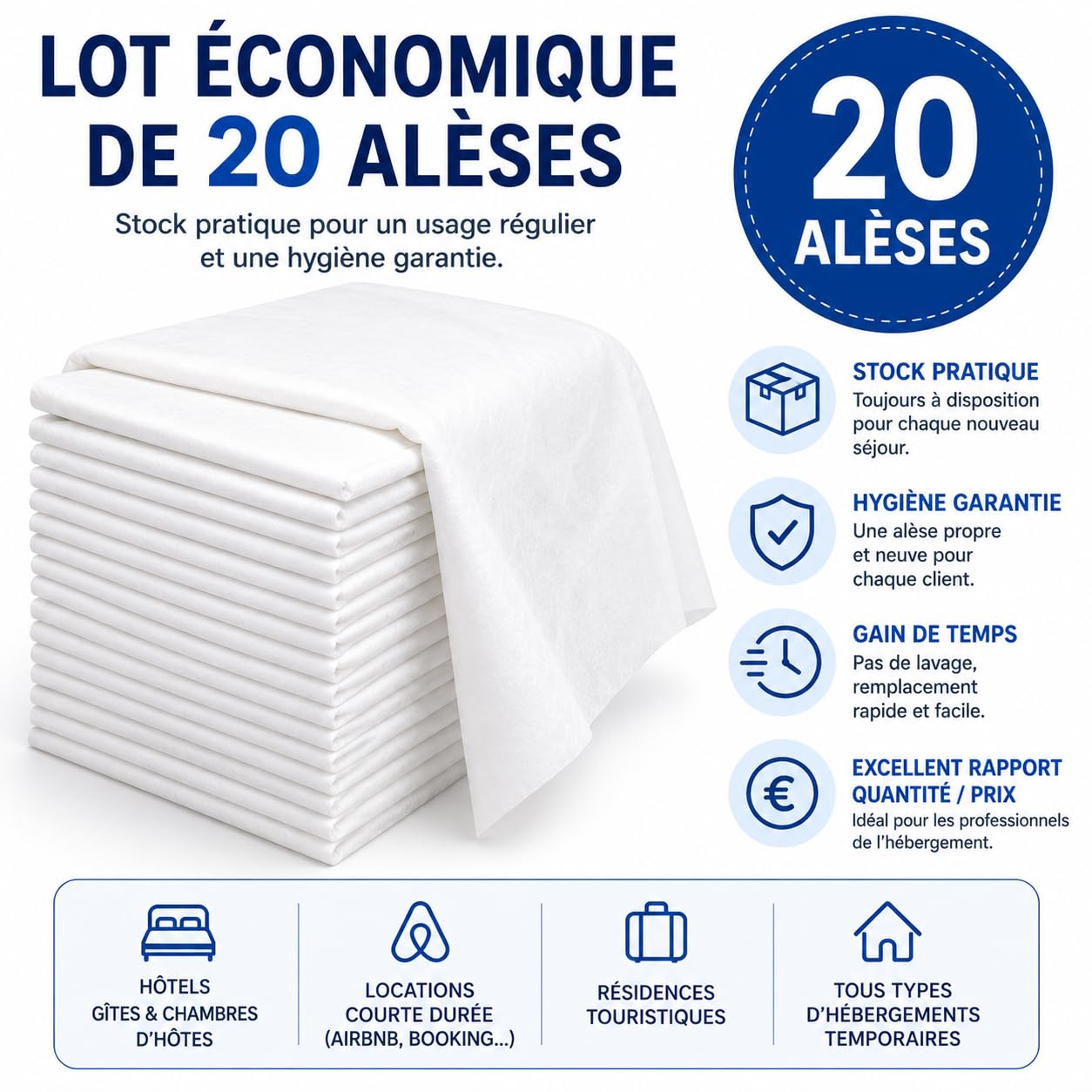 Alèse Matelas Jetable 140x190 cm | Lot de 20 | Non Imperméable | Protection Literie Usage Unique | Hygiène & Propreté | Idéal Hébergements Temporaires, Gîtes, Tourisme