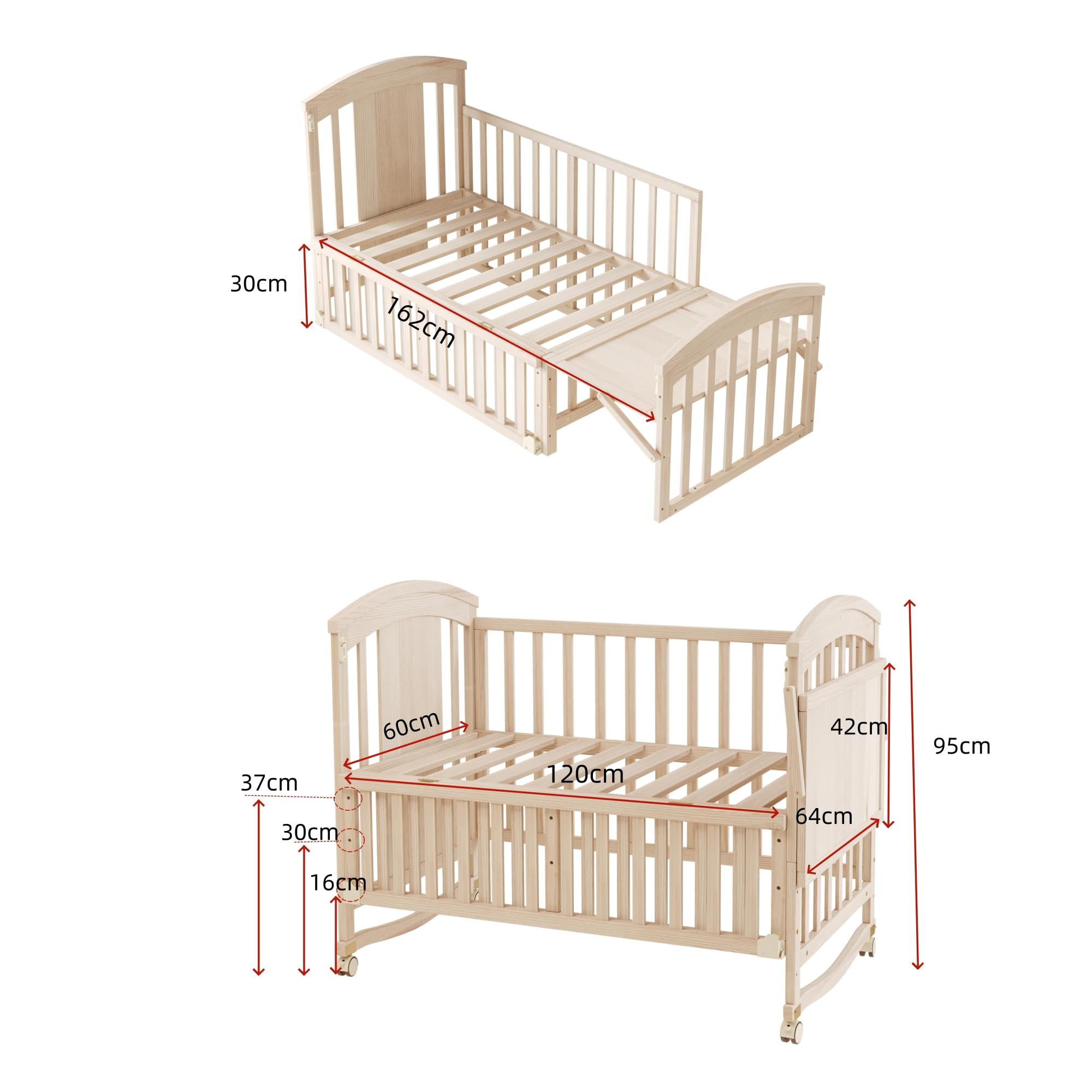 Babybett multifunktional 120x60 cm mit Wickelkommode & Rollen, ausziehbar auf 162 cm, Beistellbett mit faltbarem Regal, Baby Bett aus Holz Natur, ohne Matratze