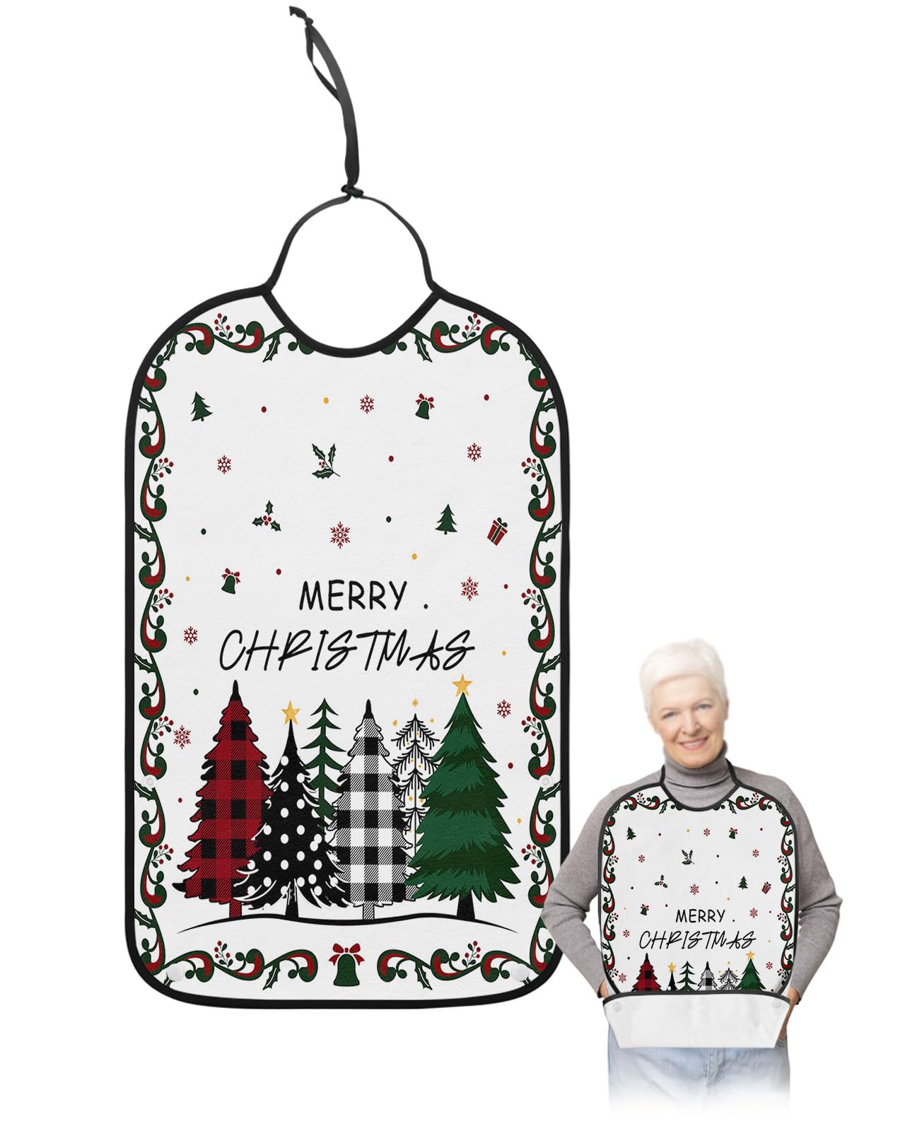 LEOKOTI Christmas Tree Adult Bibs for Eating, Waterproof Bibs with Food Catcher & Adjustable Snap Closure, Xmas Tree Gifts Balls Winter Snowflake Washable Clothing Protectors Adult Bibs for Elderly