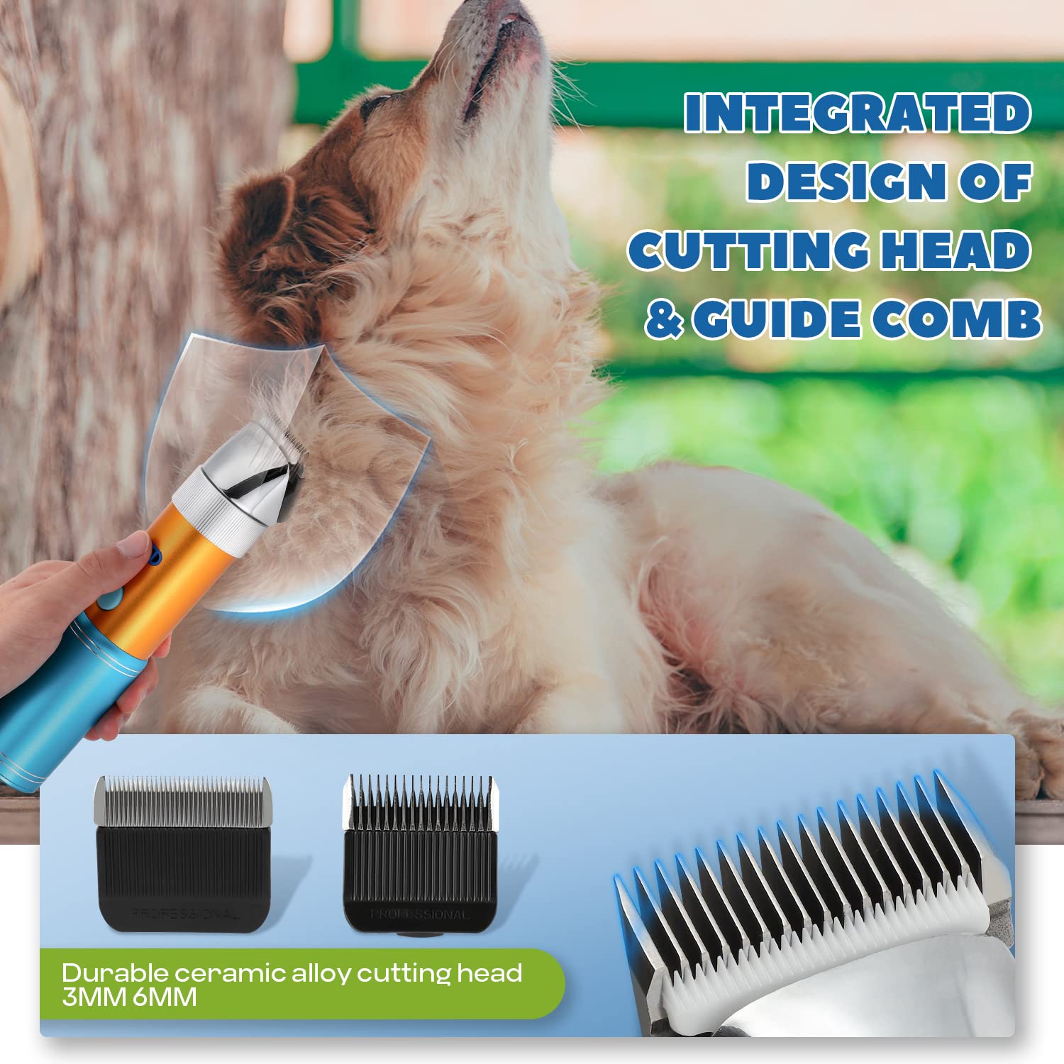 Tosatrice per cani senza fili da 400 W con batteria ricaricabile in standby da 5 h, a basso rumore < 50 db, kit di rasoi per animali domestici, con 2 lame affilate e staccabili da 3 mm e 6 mm,