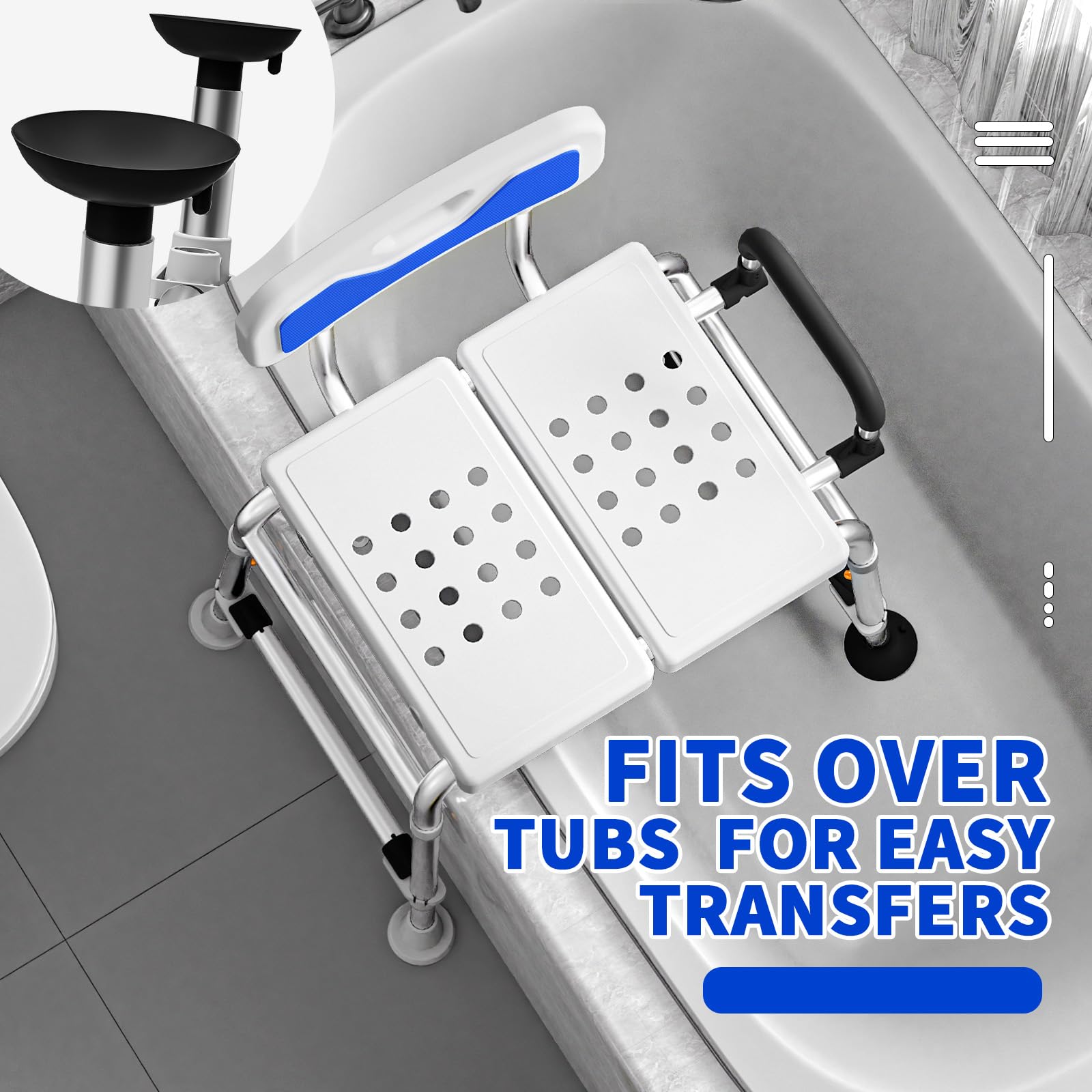 Heavy Duty Width Adjustable Bath Tub Transfer Shower Bench for Inside Tub Extended Shower Chair with Adjustable Height and Reversible Backrest Handicap Shower Chair Seat for Elderly and Disabled — view 6