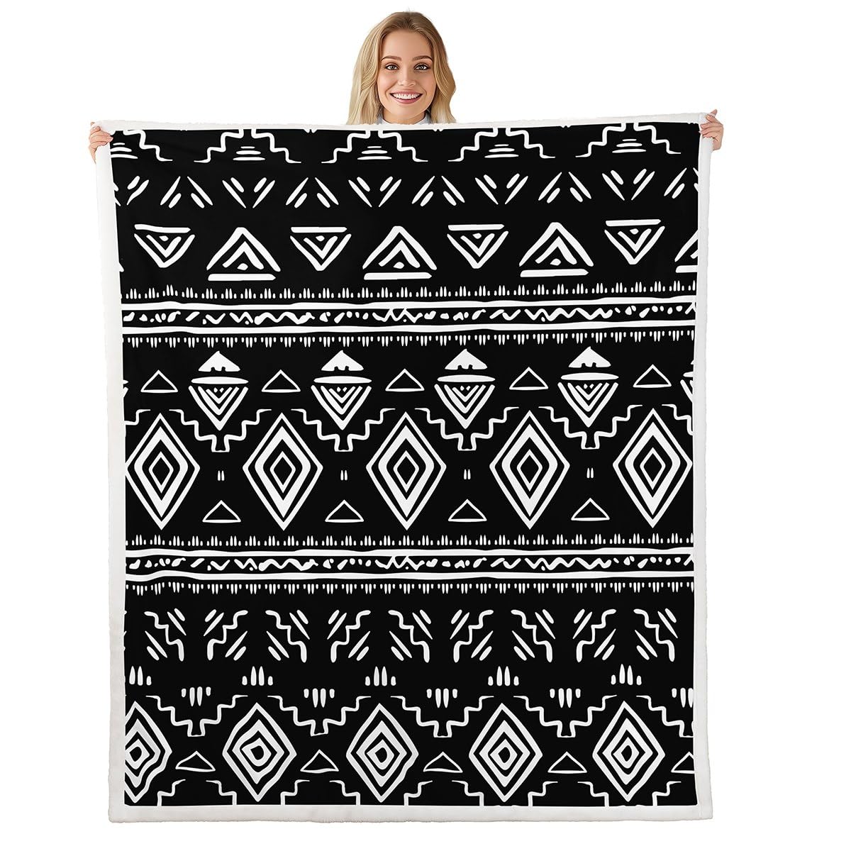 Tribal Boho Aztec Throw Blanket - Men & Women, Black & White, Ethnic Bohemian Fleece, Queen Size 90"X90", Western Southwestern Sherpa, Geometric