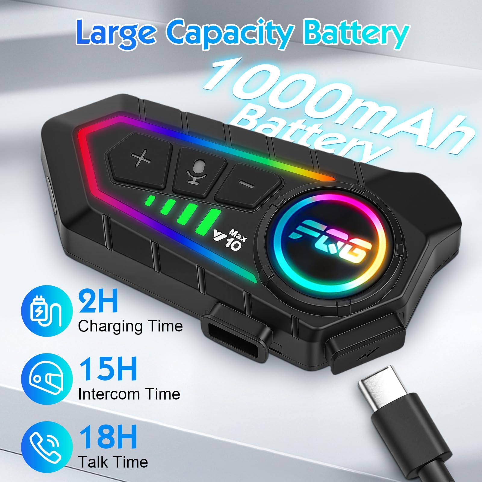 HISUEKIG 6.0 Motorcycle Helmet Speakers, Super Long Battery Life, Motorbike Helmet Bluetooth Headset with Soft/Hard Mic,IP56 Automatic Answer/Intelligent Noise/RGB LED Light - 5