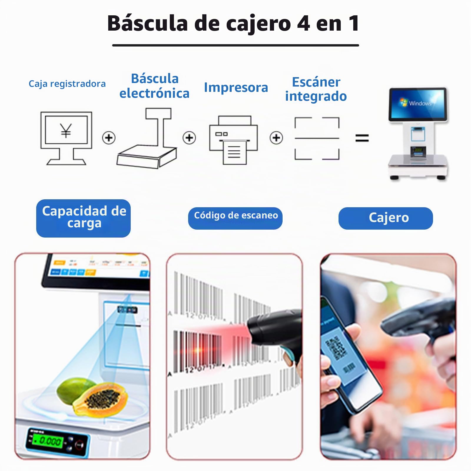 TPV con Báscula, Pantalla Táctil Capacitiva De 15,6", Terminal TPV con Escáner Portátil Y 10 Rollos De Papel, Caja Registradora con Teclado E Impresora. para Restaurantes Singlescreen