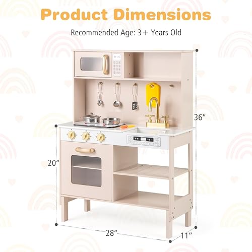 Vista 62 de HONEY JOY Juego de cocina para niños con luces, juego de cocina de madera con 2 contenedores de almacenamiento, cafetera, microondas, máquina