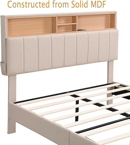 Miniatura 6 de Base de cama Queen con cabecero de almacenamiento ocultospuertos USB, modernas cámaras tapizadas de plataforma, cabecera de altura ajustable, marco