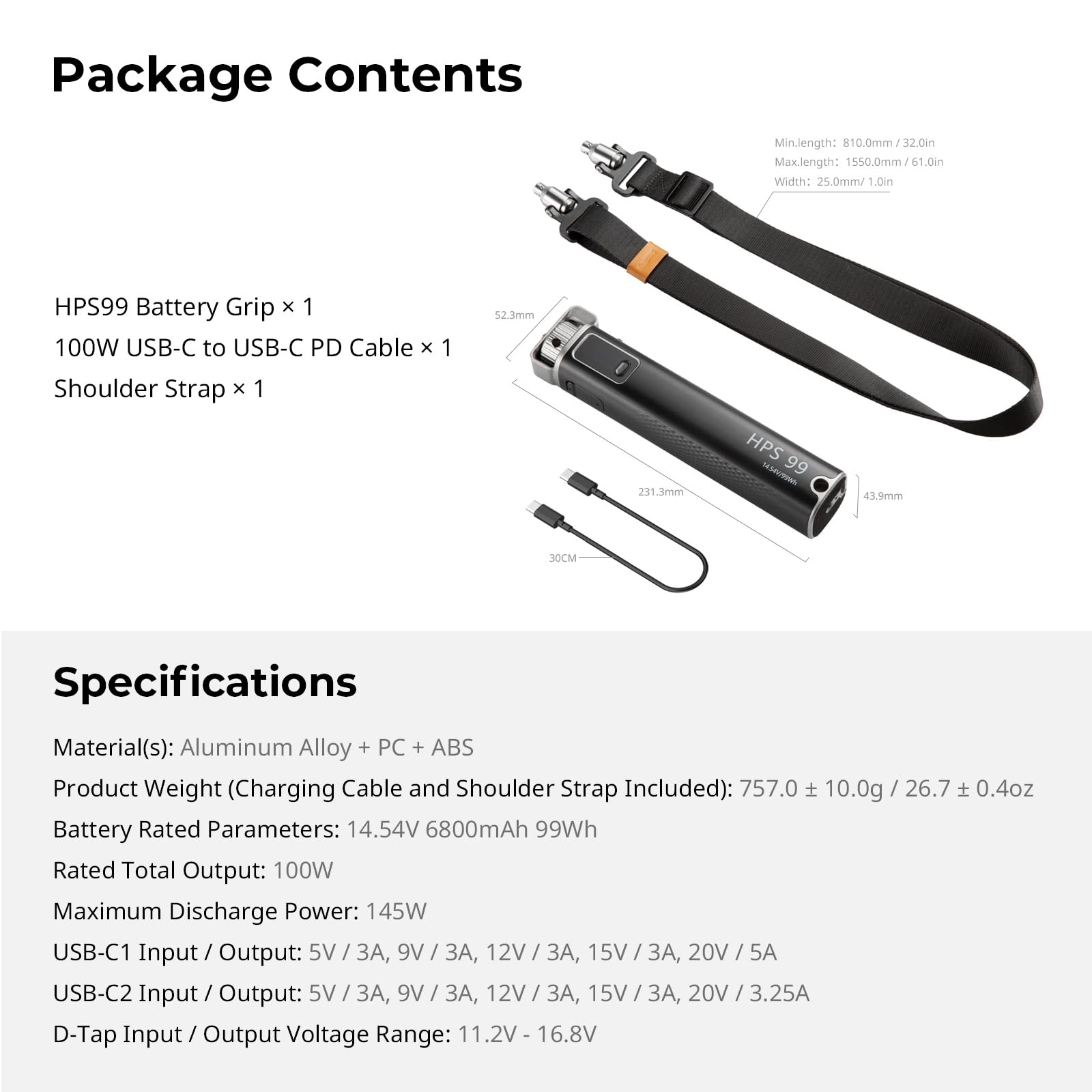 SMALLRIG Uchwyt na baterie, 99 Wh/6800 mAh z szybkim ładowaniem PD100W, D-TAP, 2 portami USB-C, inteligentnym wyświetlaczem i paskiem na ramię, uchwyty na baterie do aparatów cyfrowych - 5249