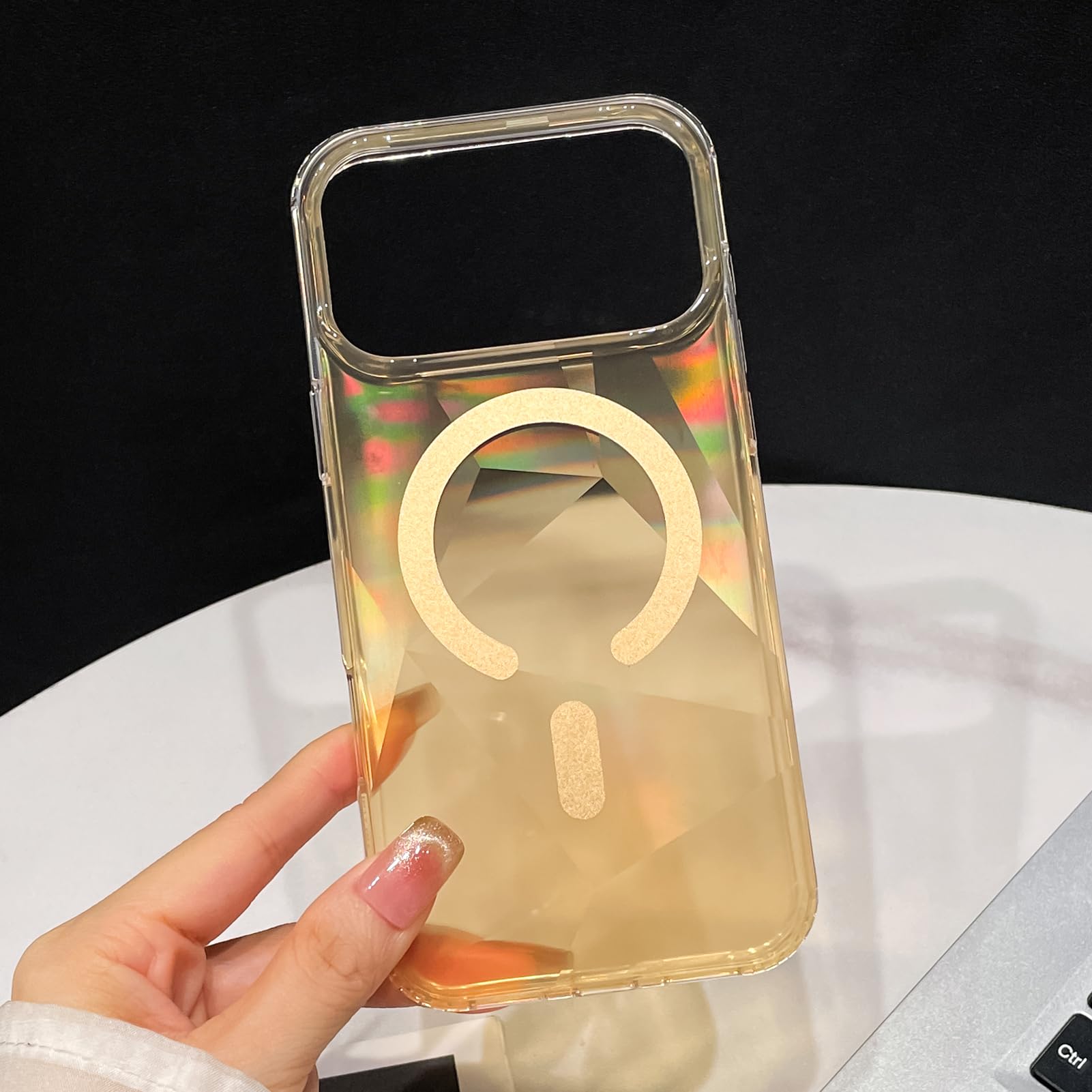 SAKUULO Custodia magnetica per iPhone 17 Pro Max, compatibile con Magsafe, trasparente glitterata iridescente, scintillante, arcobaleno, custodia protettiva antiurto per donne e uomini, arancione