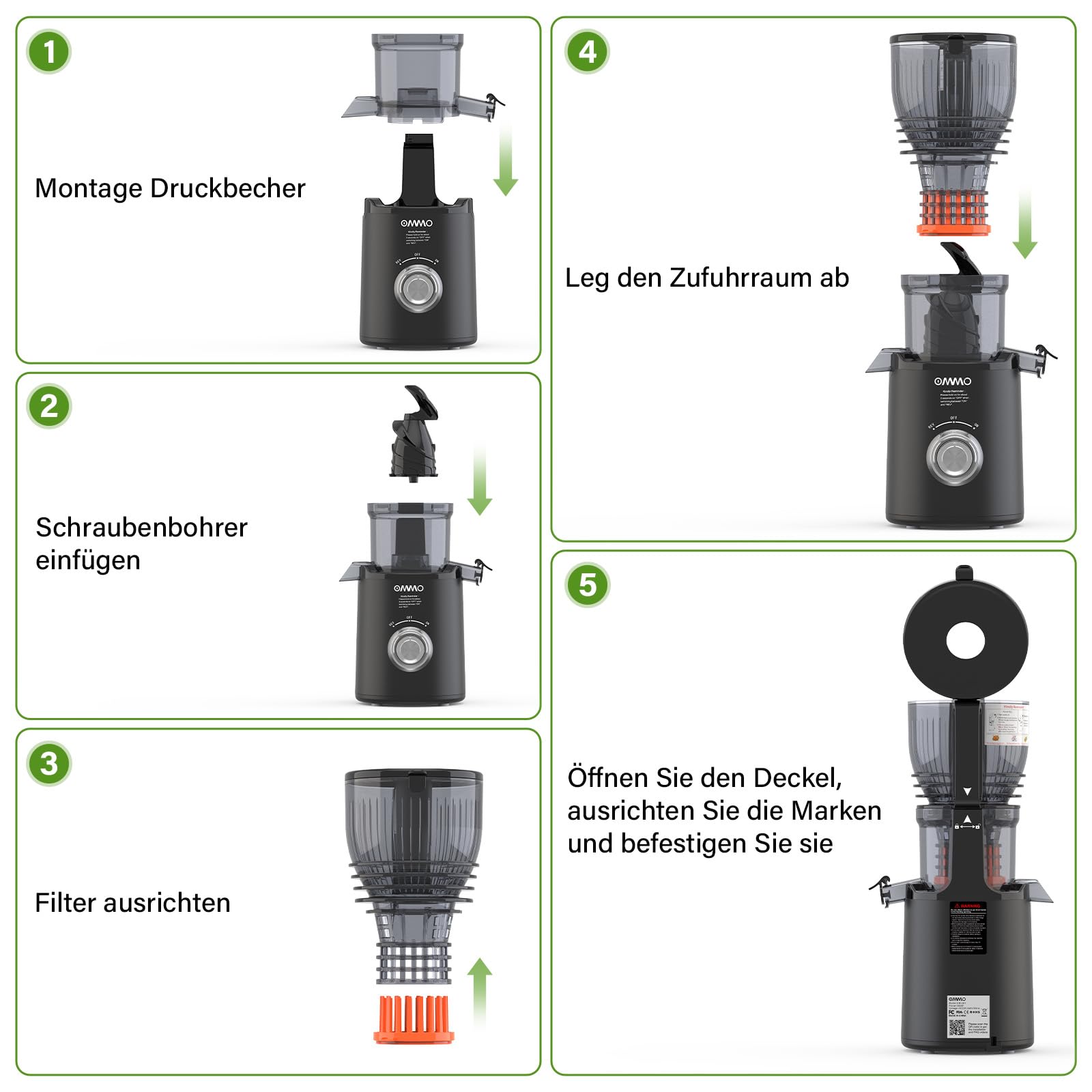 OMMO Extracteur de Jus 300W, Goulotte 148 mm, Machine à Jus électrique, 2 Tasses PC, Sans BPA, Noir