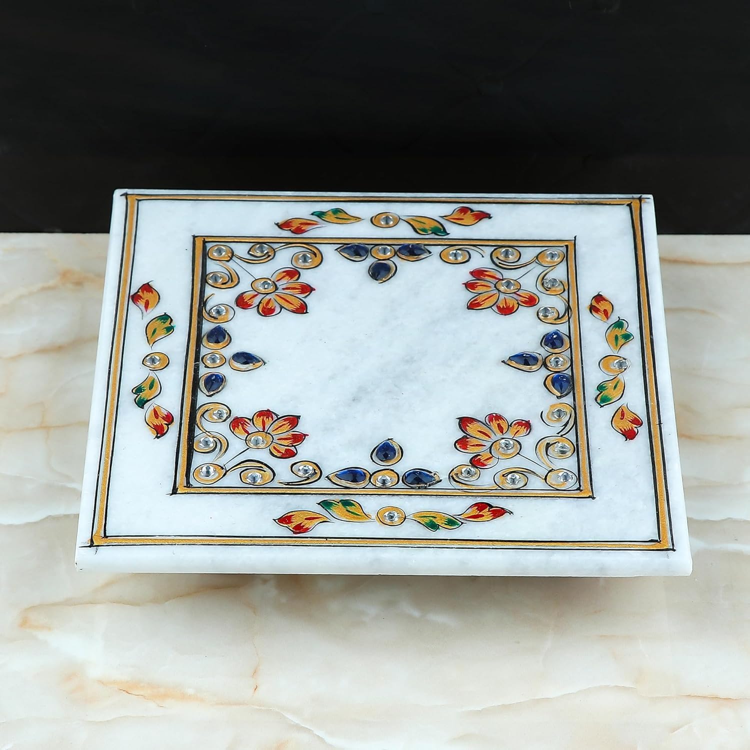 Artyog Meena Work Marble Chowki (15.3 cm x 15.3 cm x 3.8 cm) Multicolour