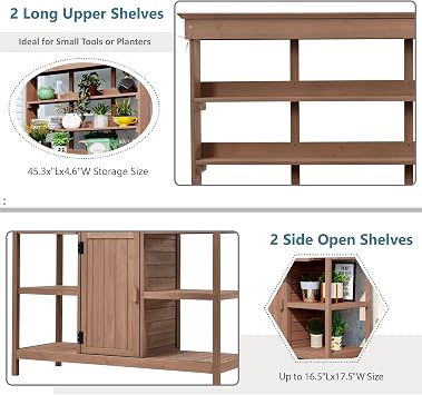 66 Large Outdoor Farmhouse Wooden Potting Bench Table, Garden Workstation with 2 Drawers, Cabinet and Open Shelves for Backyard, Mudroom (Brown/Outdoor#)