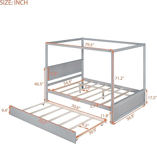 Miniatura 2 de Cama con dosel completo, plataforma de cama con dosel, cama con cama nido, cabecera y listones de soporte de madera, camas con panel de póster de