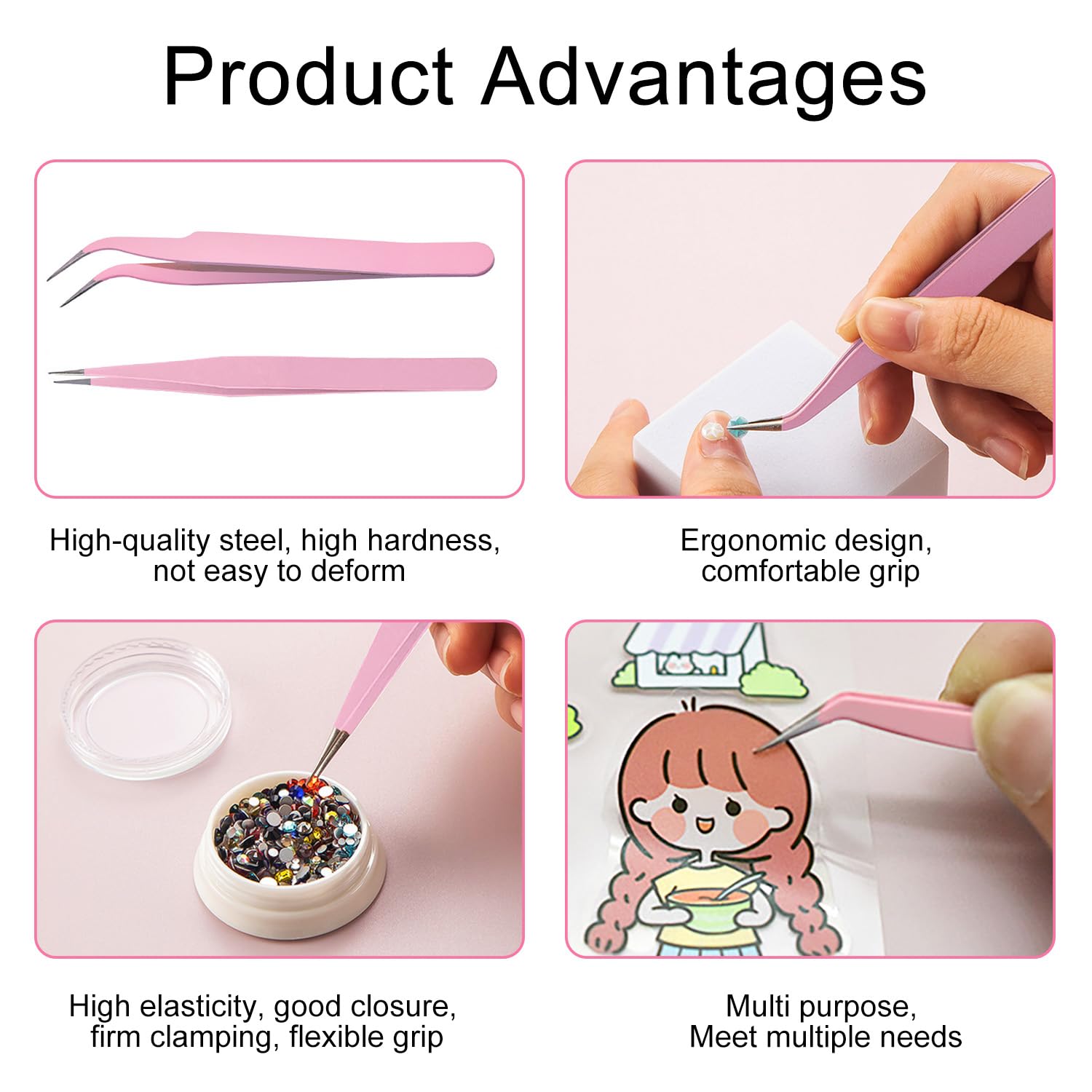 Paquete de 2 Pinzas Puntiagudas Curvas Rectas de Para Extensiones de Pestañas,Pegatinas Para Uñas,Diamantes de Imitación, Recogedores de Pestañas(Rose)