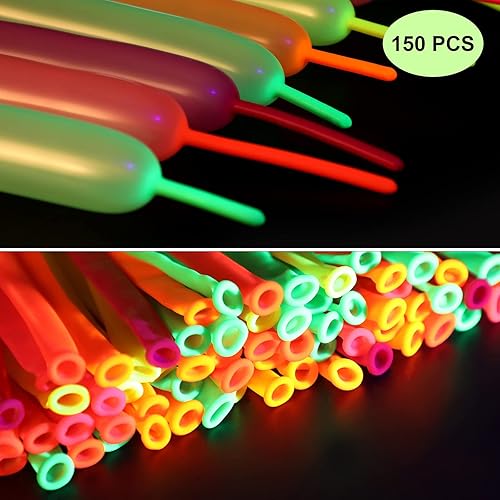 Miniatura 5 de Skylety 150 globos largos de neón que brillan en el fondo, reactivos, fluorescentes, coloridos y largos, globos de látex para torcer animales de