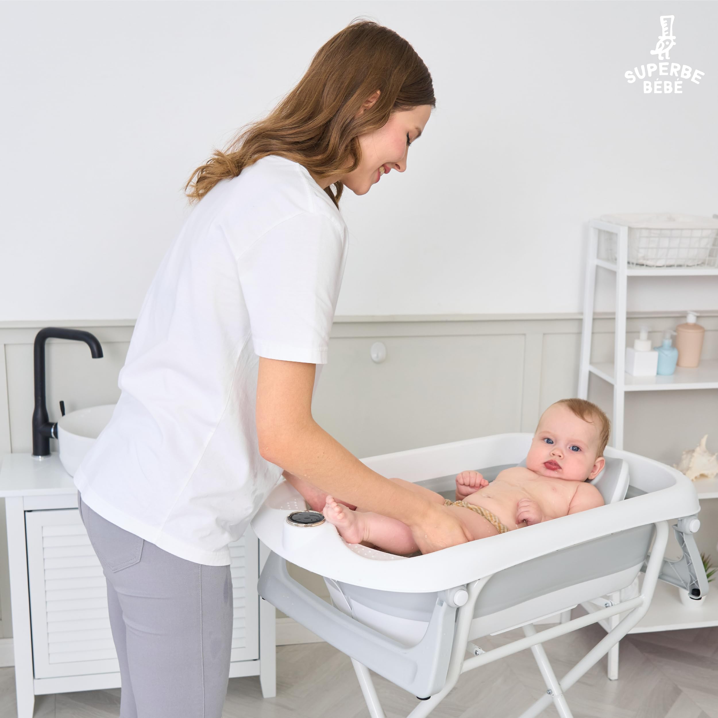 OHMG Opvouwbaar babybad op voet, groot bad XL met houder, thermometer 2