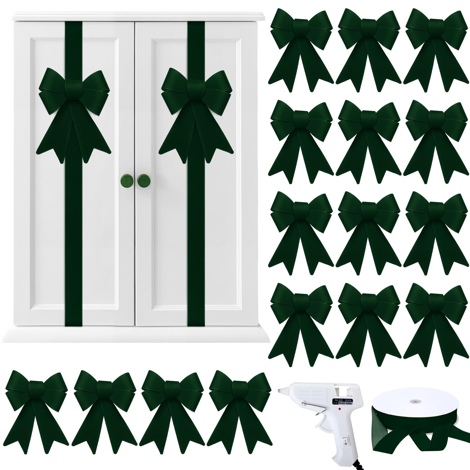Daifunli 16 lazos de Navidad para gabinete, cintas grandes de terciopelo, lazos para puerta de armario, decoración de árbol de Navidad, suministros de cocina (verde, terciopelo)