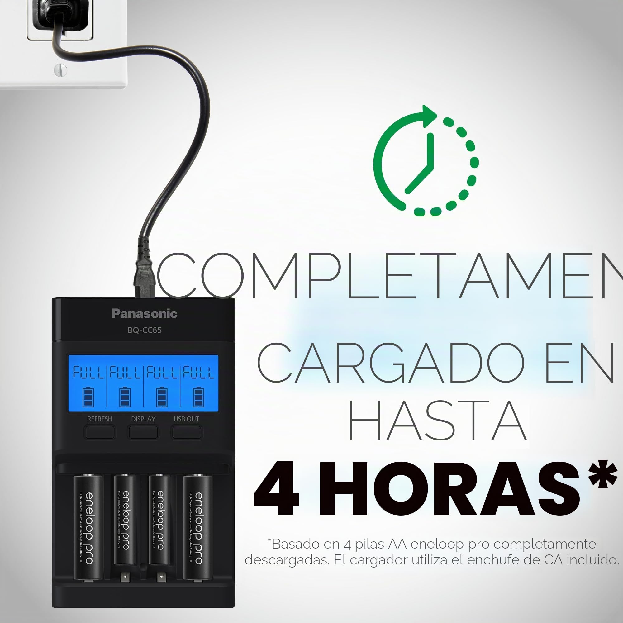 Panasonic BQ-CC65AKBBA Super Advanced Eneloop Pro y Eneloop Cargador rápido de 4 Posiciones con Panel indicador LCD y Puerto de Carga USB, Negro
