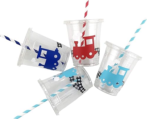 Stesha Party Juego de 12 vasos de plástico desechables con temática de tren, 12 onzas, azul, moderno, calcomanías de vinilo, perfectas para fiestas