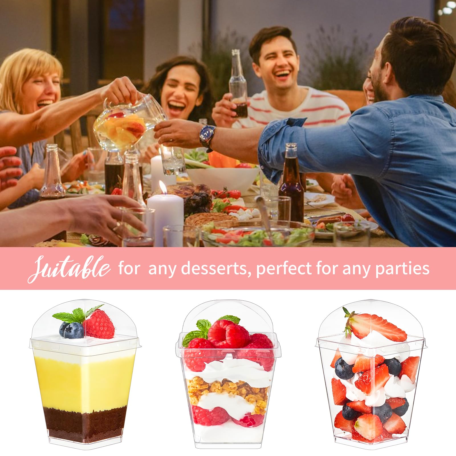 Lot De 50 Tasses à Dessert + Cuillères – 200 Ml – Transparentes, Réutilisables – Parfaites Pour Pudding, Mousse, Glace, Fêtes