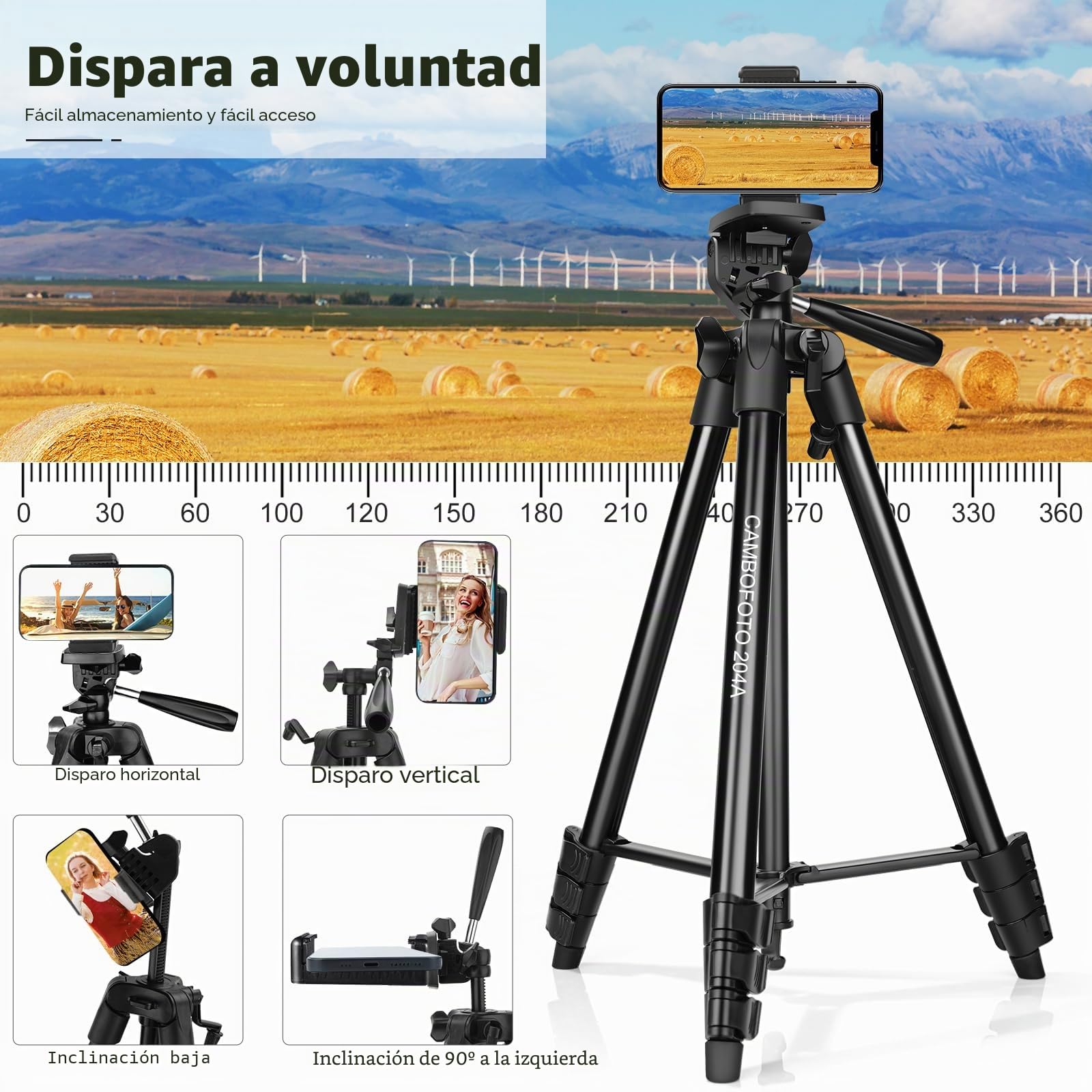 CAMBOFOTO Trípode para Teléfonos Móviles 135 cm, Aleación de Aluminio Ligero con Soporte para Móviles, Compatible con iPhone, Android, Smartphones, Cámaras DSLR y Sin Espejo