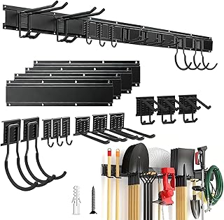 Gartengeräte Halterung,64-Zoll-Werkzeugaufbewahrung Für Die Garage,Wandmontiert – Garagenwand-Organizer Mit 10 Haken,500 Lbs Gartenwerkzeug-Aufbewahrung,Verstellbare Haken,Schwere Metall-Garagenregale