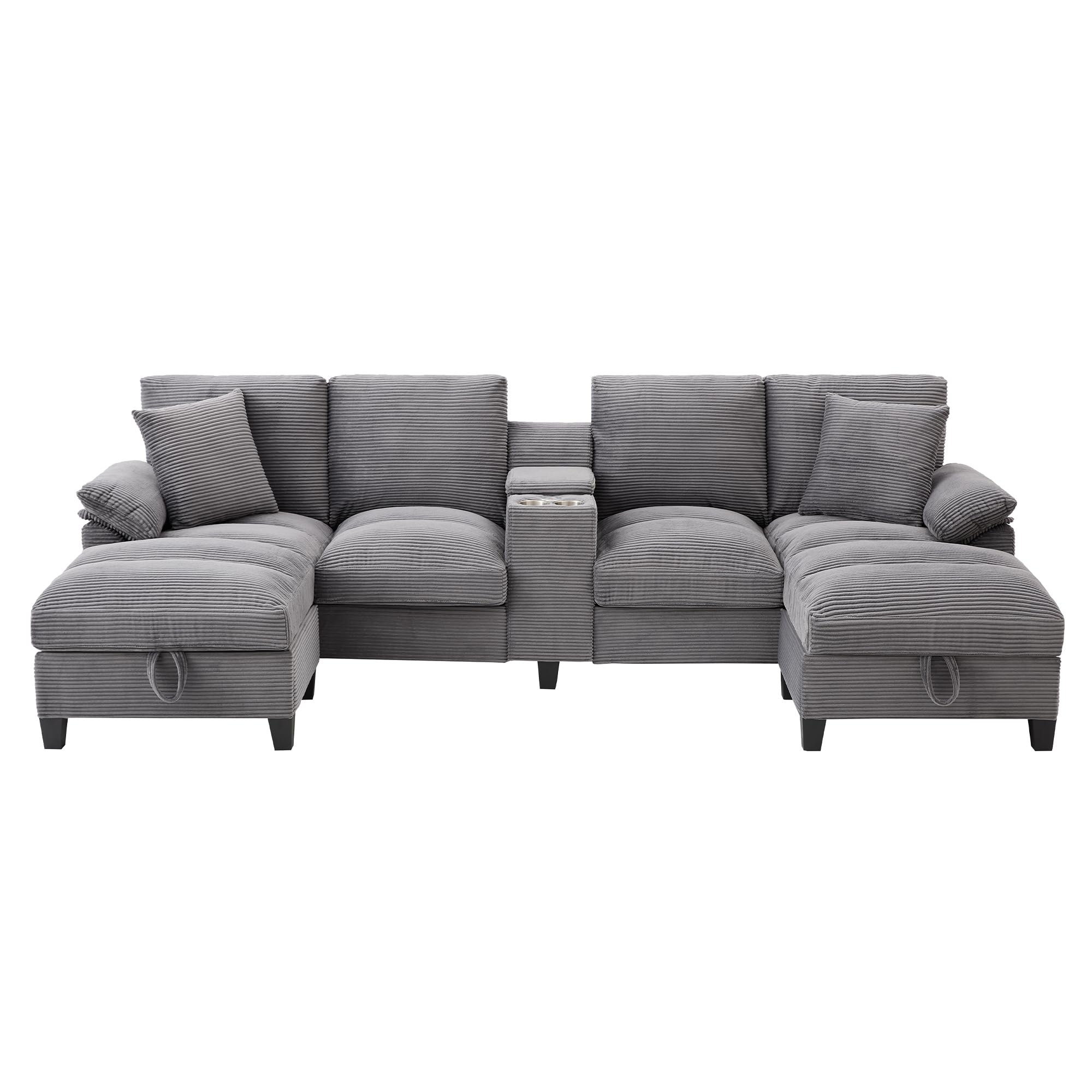 Azkoeesy - Sofá de 4 plazas con 2 reposapiés y espacio de almacenamiento, consola con 2 portavasos y enchufe, 293 cm, forma U, tapizado en pana, adecuado para sala de estar, dormitorio y apartamentos
