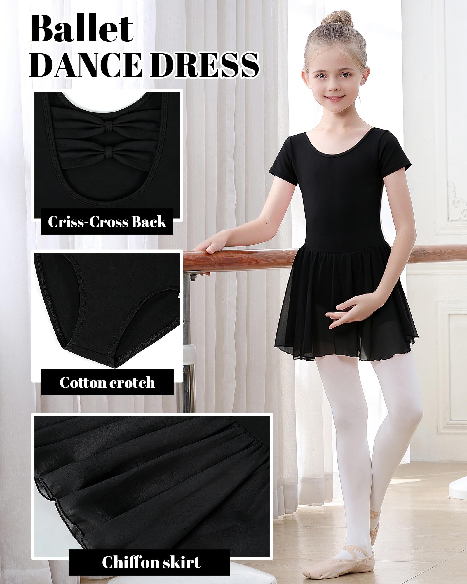 Kinder Ballettkleidung Mädchen Kurzarm Ballett Trikot,Balletttrikot Tanzkleid aus Baumwolle für Kinder mit Chiffonrock,Größen 100–150