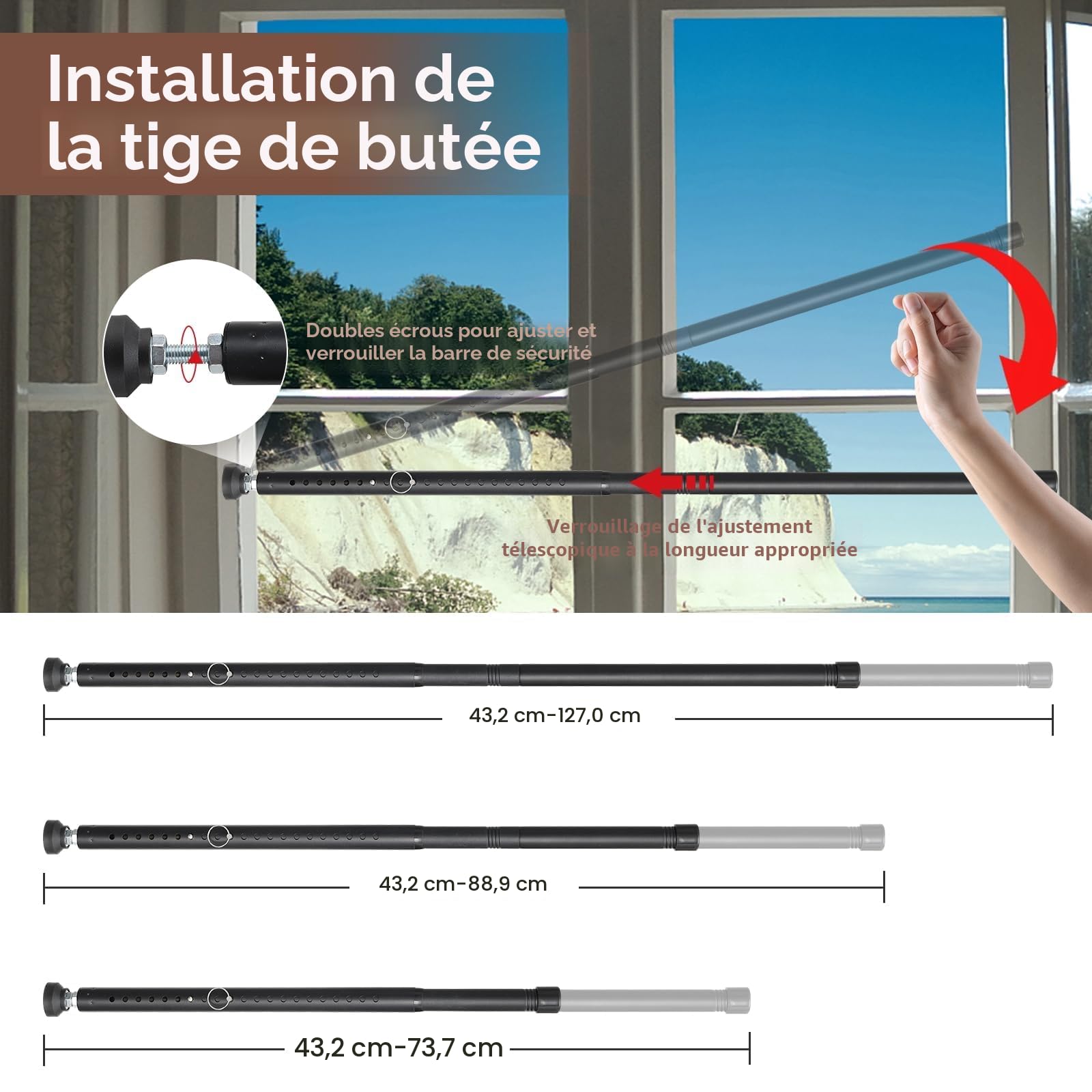 2 barres de sécurité anti-effraction pour porte et fenêtre, Barre de sécurité réglable pour porte et fenêtre avec embouts en caoutchouc 45–128 cm, Sécurité pour fenêtre de cave noire pour