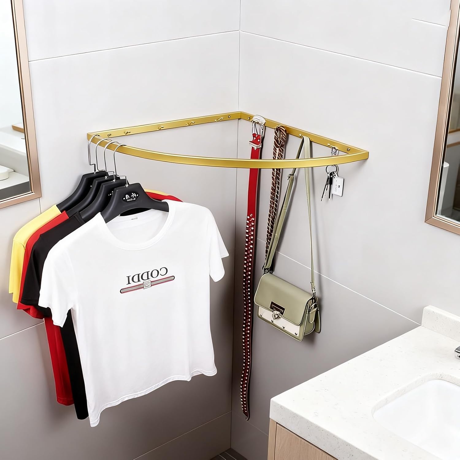 Closet Rod Shower Clothes Drying Rack Small Space, Corner Closet Rods Brackets for Hanging Clothes, Entrance Coat Garment Organizer Pole with Hooks(White,30cm(11 3/4"))