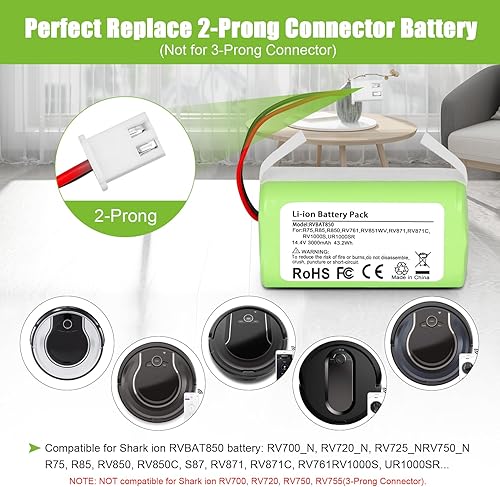 Miniatura 3 de KUNLUN Batería de 3.0Ah RVBAT850 para Shark Ion Robot RV1001AE R75 R85 R761 RV850 RV1000S RV1000VL RV700_N RV720_N Batería de aspiradora (solo