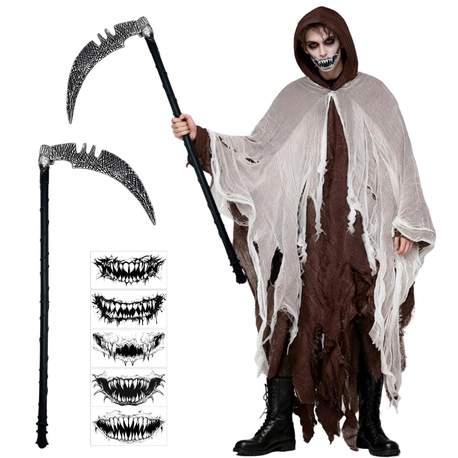 Meriviva Halloween Grim Reaper Cloak with Hood, Reaper Costume Set with Tattered Cape Scythe Stickers for Halloween Ghost Death Costume Adult (Brown)