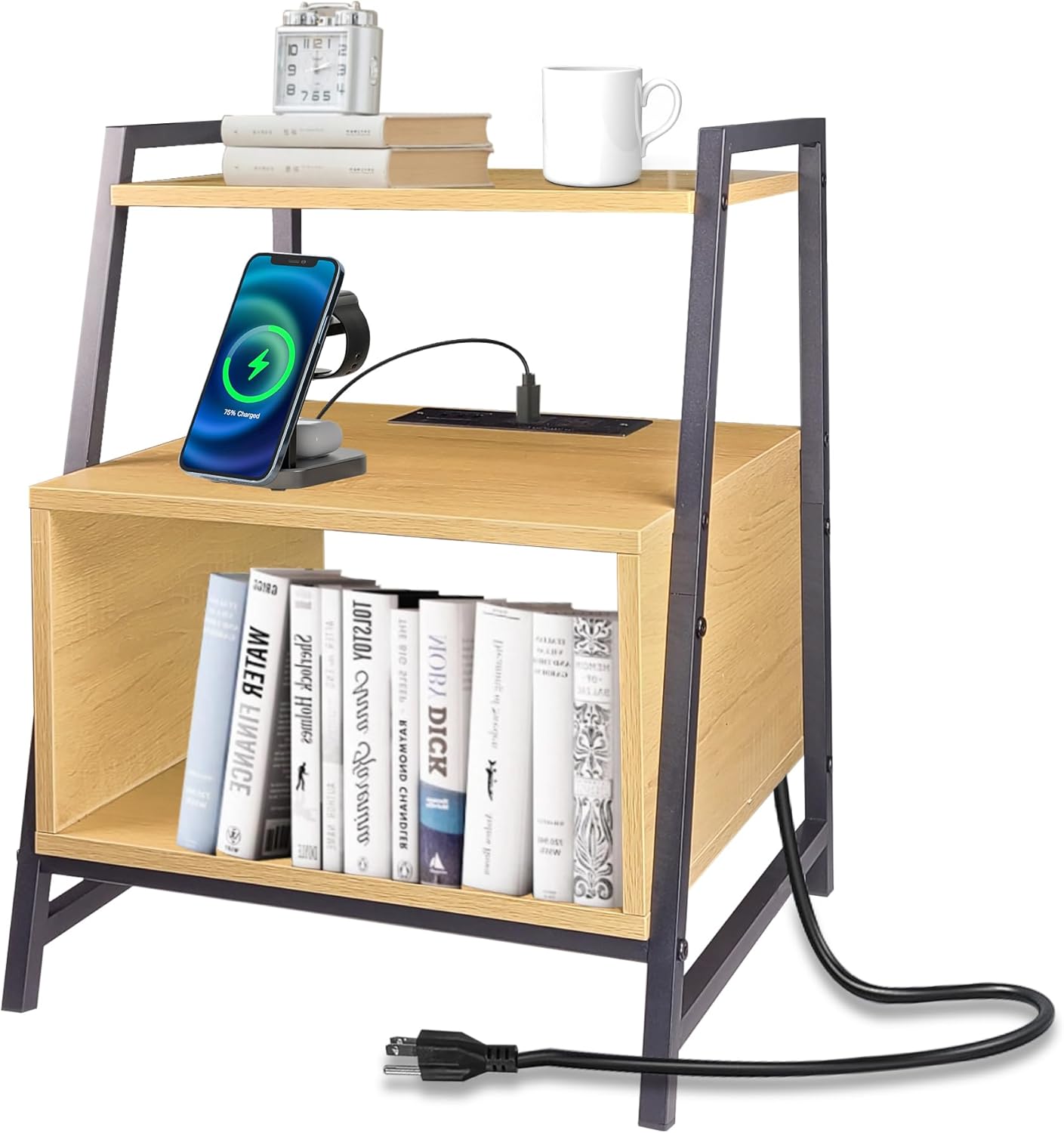 End Table with Charging Station Bedside Table with Storage Shelf Bed Side Table Living Room Narrow Nightstand with USB Ports and Outlets Night Stand for Bedroom Sofa Table for Small Spaces Natural